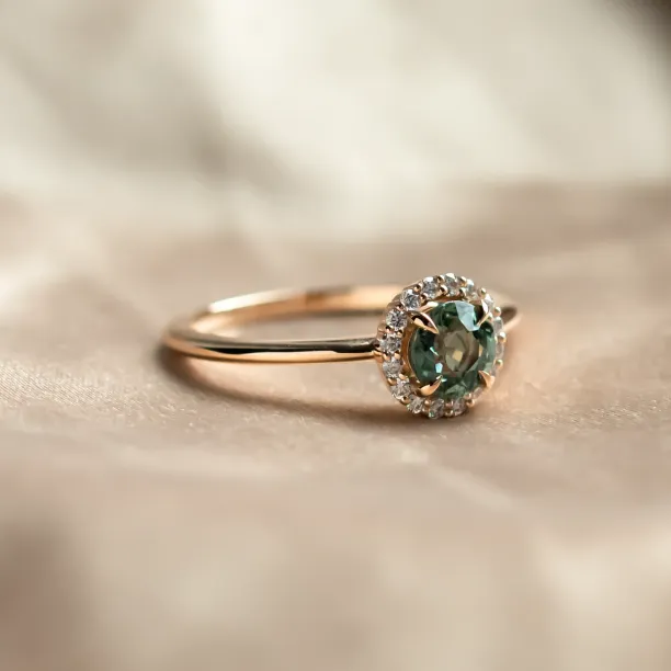 Diamond halo teal sapphire engagement ring SPARKLE Image