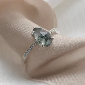 Gold ring with pear moss agate and diamonds EALGA Thumbnail