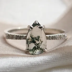 Gold ring with pear moss agate and diamonds EALGA Thumbnail