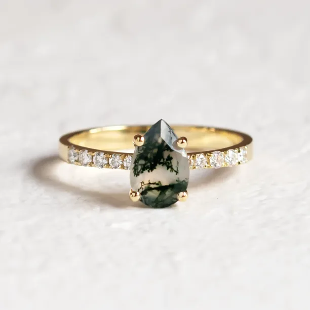Gold ring with pear moss agate and diamonds EALGA Image