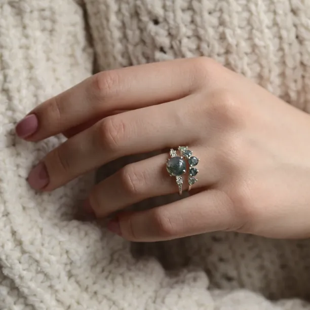 Gold ring with cabochon moss agate and diamonds FIONNUALA Image