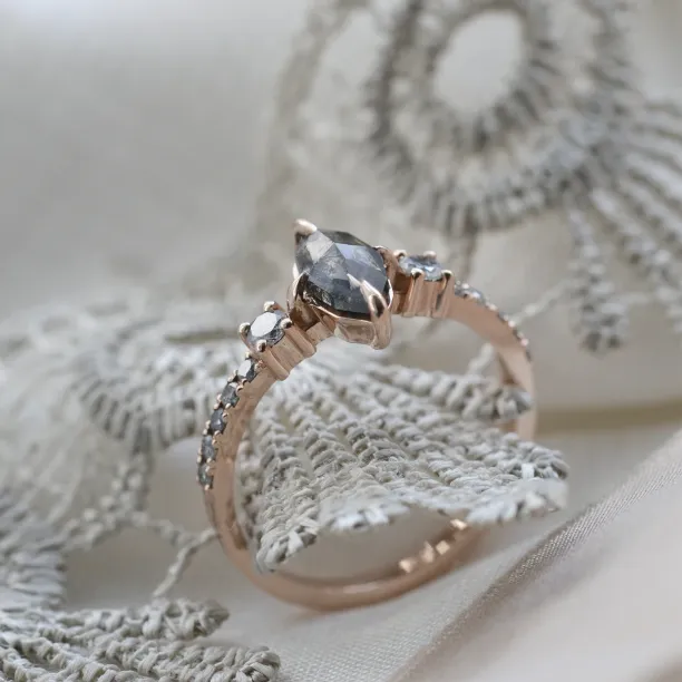 Vintage gold ring with marquise salt and pepper diamonds ROISIN Image