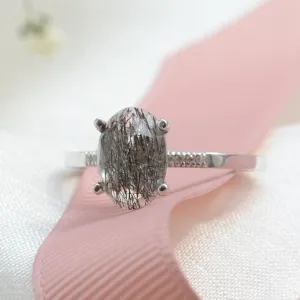 Minimalist ring with oval rutil quartz and diamonds ROXANE