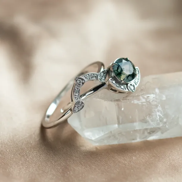 Moss agate and diamonds engagement ring set BRISTOL Image
