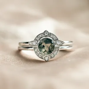 Moss agate and diamonds engagement ring set BRISTOL