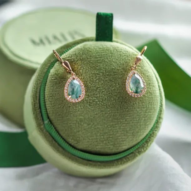 Visací náušnice s pear mechovými acháty a s diamanty ROYA Image