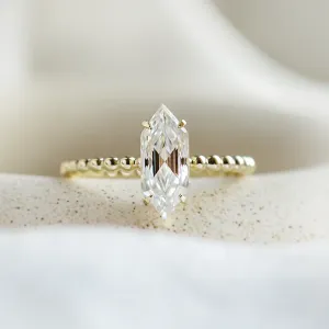 Beaded ball engagement ring with moissanite in long hexagon cut ELYSE