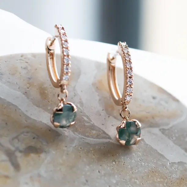 Gold dangle earrings with moss agates and diamonds MARLOW Image