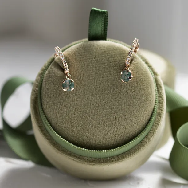 Gold dangle earrings with moss agates and diamonds MARLOW Image