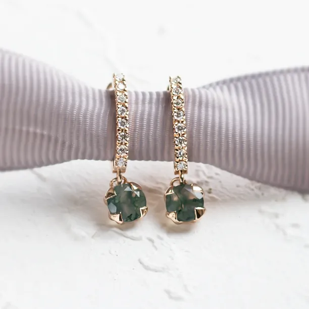 Gold dangle earrings with moss agates and diamonds MARLOW Image