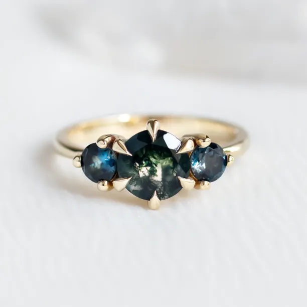 Gold ring with moss agate and blue topaz SYLT Image