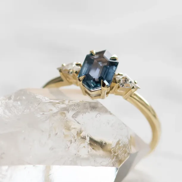 Engagement ring with hexagon teal sapphire and moissanites SLATE Image