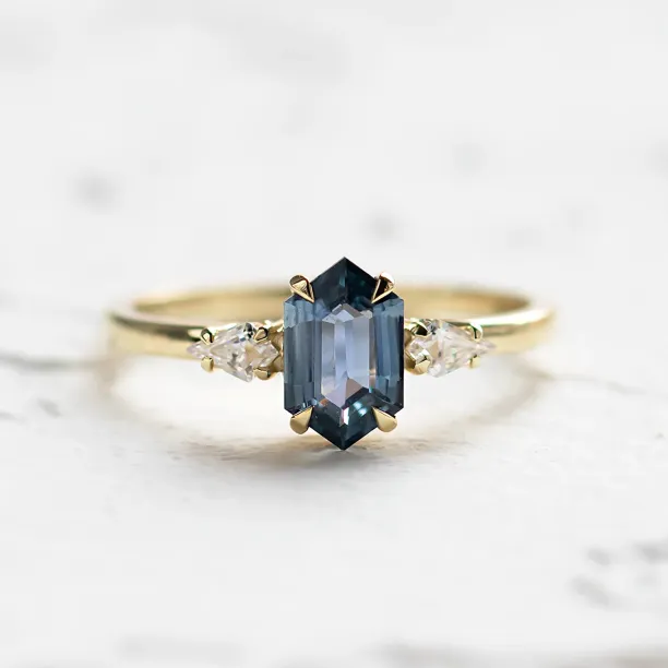 Engagement ring with hexagon teal sapphire and moissanites SLATE Image