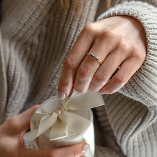 Gold ring with blue lab grown sapphire and diamonds IRIS Image