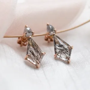 Gold rutilated quartz earrings with salt'n'pepper diamonds FIRENZE