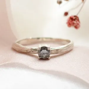 Gold ring in tree bark shape with salt and pepper diamond SALTY