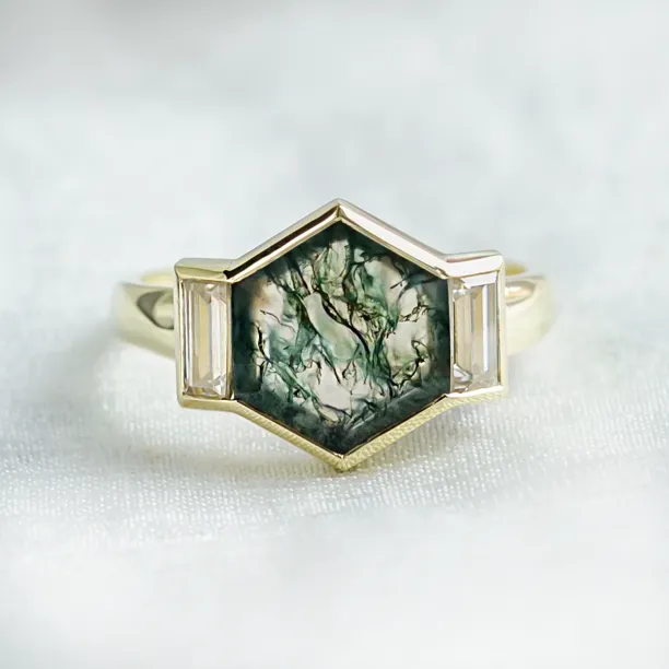 Original ring with moss agate and moissanites CALEN Image