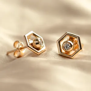 Gold hexagonal earrings with removable gemstone SAM