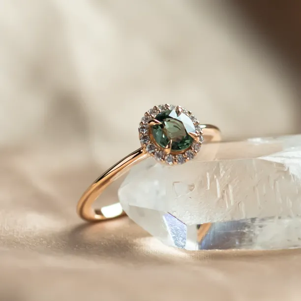 Diamond halo teal sapphire engagement ring SPARKLE Image