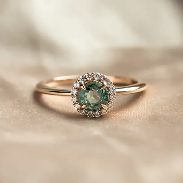 Diamond halo teal sapphire engagement ring SPARKLE Image