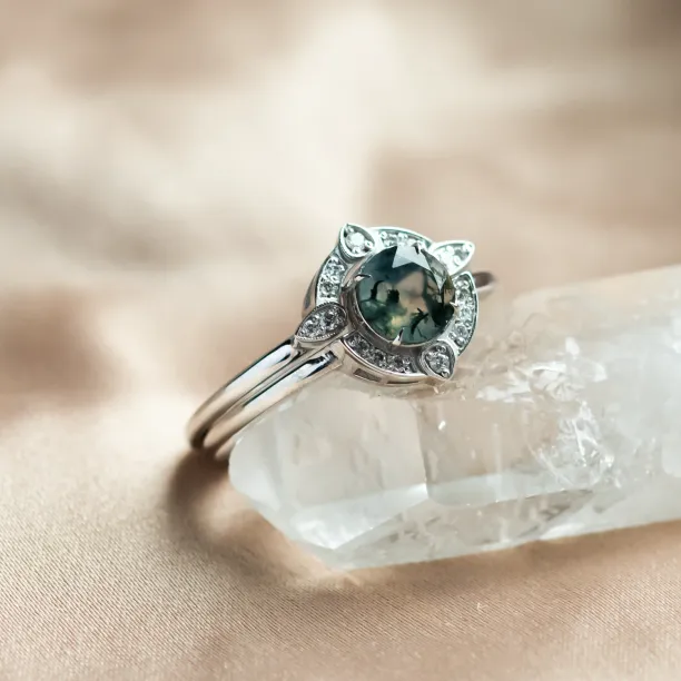 Moss agate and diamonds engagement ring set BRISTOL Image
