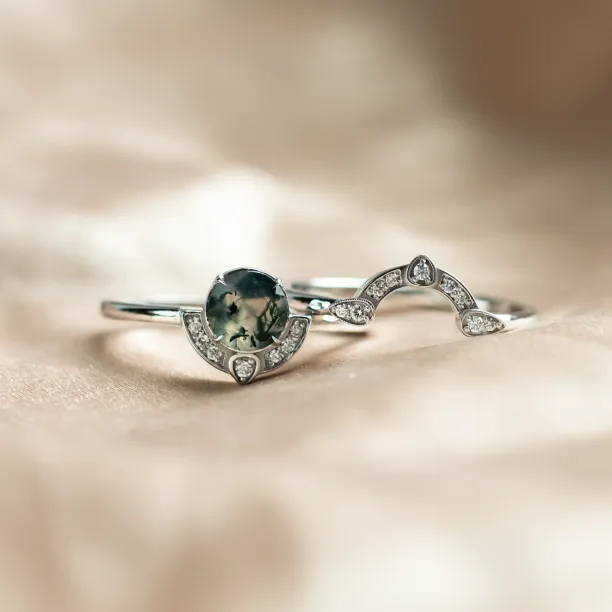 Moss agate and diamonds engagement ring set BRISTOL Image