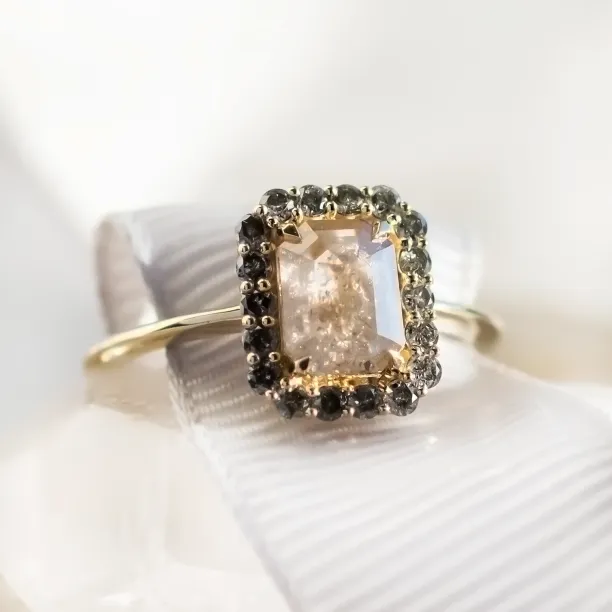 Emerald shape salt and pepper diamond ring LUCIA Image