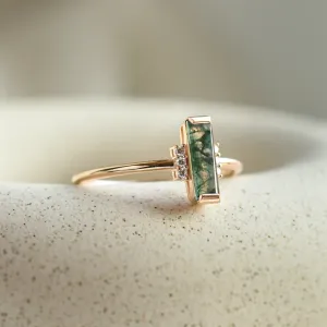 Unusual engagement ring with baguette moss agate and diamonds BRONTE Thumbnail