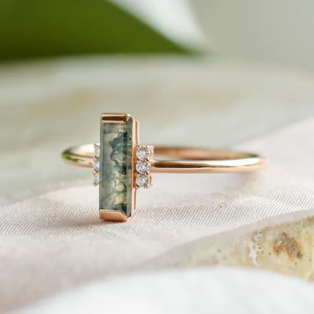 Unusual engagement ring with baguette moss agate and diamonds BRONTE Image