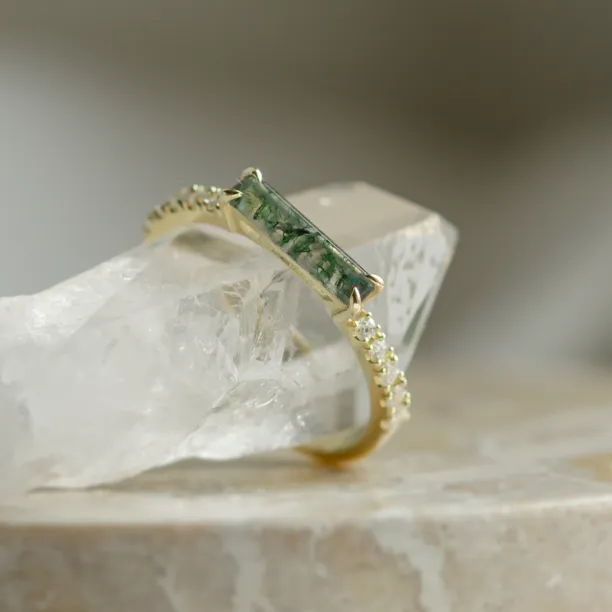 Unusual engagement ring with baguette moss agate and diamonds MILA Image