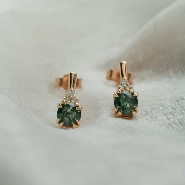 Gold earrings with moss agate and diamonds TIA Image