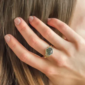 Original ring with moss agate and moissanites CALEN