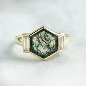 Original ring with moss agate and moissanites CALEN