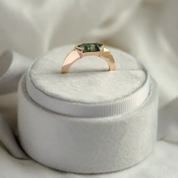 Originální prsten s trendy masivní obroučkou a mechovým achátem ve tvaru hexagonu SEI Image