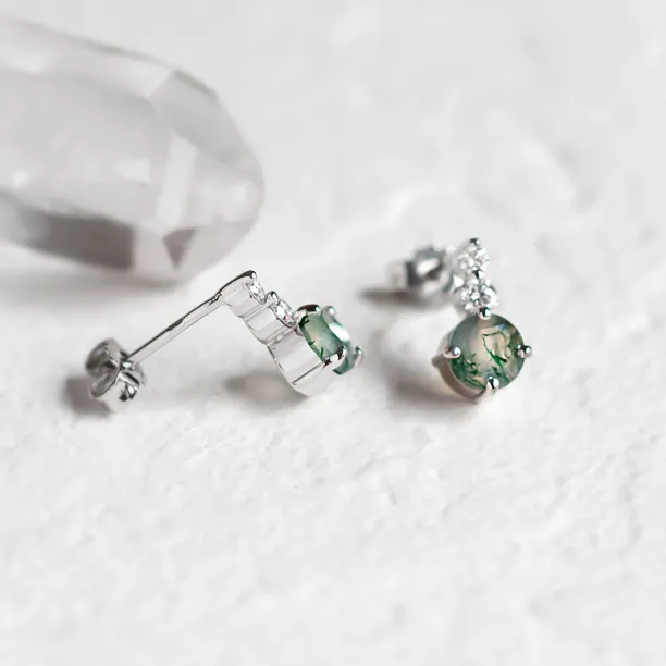 Jednoduché zlaté náušnice s mechovými acháty a diamanty LILIBET Image