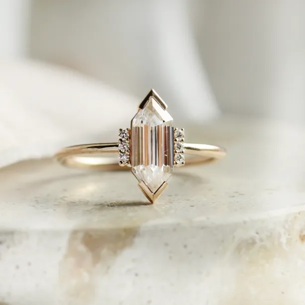 Luxury engagement ring with long hexagon cut moissanite and diamonds CAROL Image