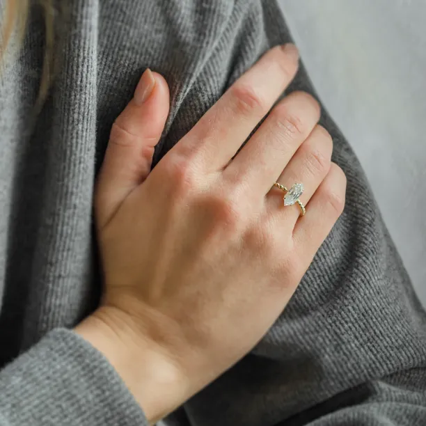 Beaded ball engagement ring with moissanite in long hexagon cut ELYSE Image