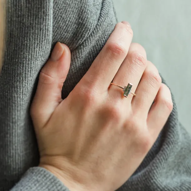 Unusual engagement ring with baguette moss agate and diamonds BRONTE Image