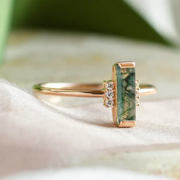 Unusual engagement ring with baguette moss agate and diamonds BRONTE Image