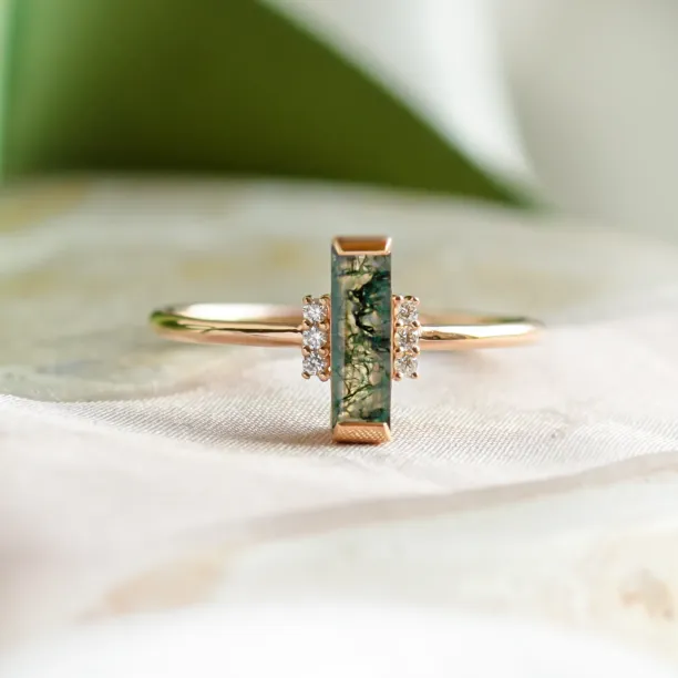 Unusual engagement ring with baguette moss agate and diamonds BRONTE Image