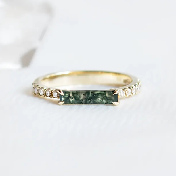 Unusual engagement ring with baguette moss agate and diamonds MILA Image