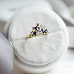 Avant-garde ring with moissanites and sapphires in baguette shape BETH