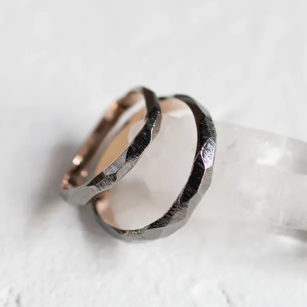 Black hammered wedding bands in organic shape GOLEM Image