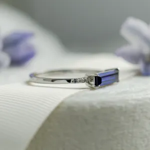 Gold ring with baguette blue lab grown sapphire and diamonds ODETA Thumbnail