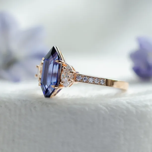 Ring with blue lab grown sapphire and moissanites ELLIS Image