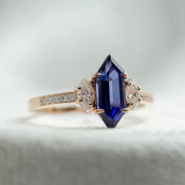 Ring with blue lab grown sapphire and moissanites ELLIS Image