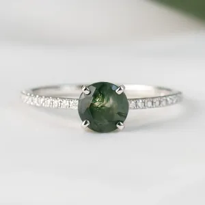 Gold engagement ring with moss agate and moissanites ARWEN