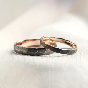 Black wedding bands in gold with hammered surface AZTEK