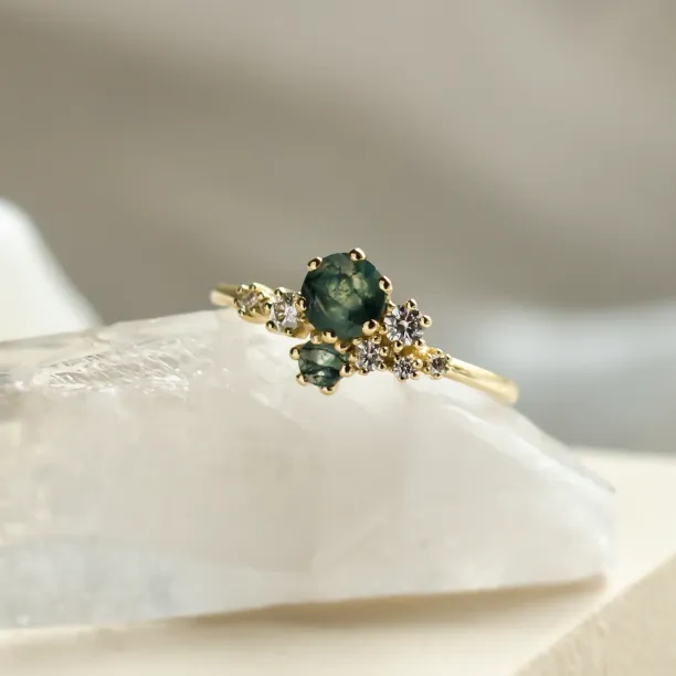 Cluster ring with moss agate and diamonds FANTASY Image