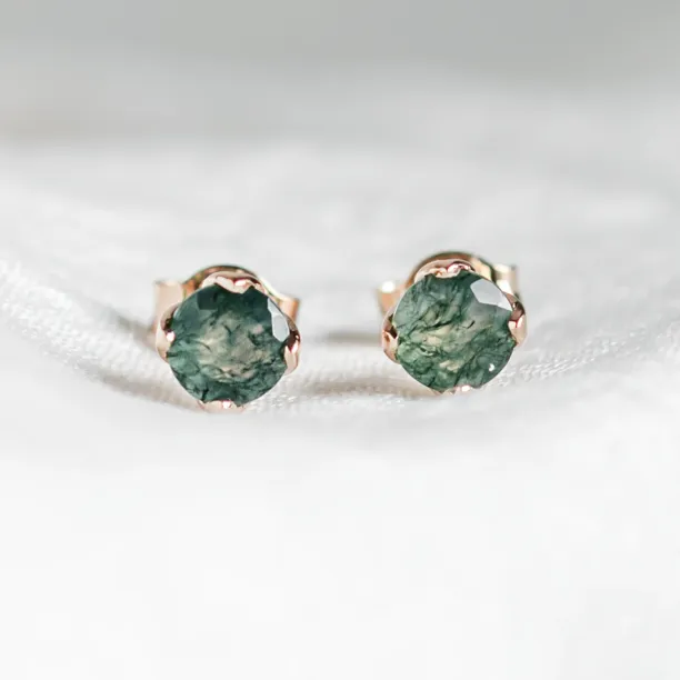 Round gold stud earrings with moss agate RENE Image
